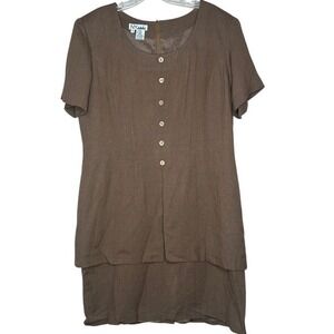 NY Sake Linen Blend Dress Button‎ Front Short Sleeve Chocolate Brown Size 16